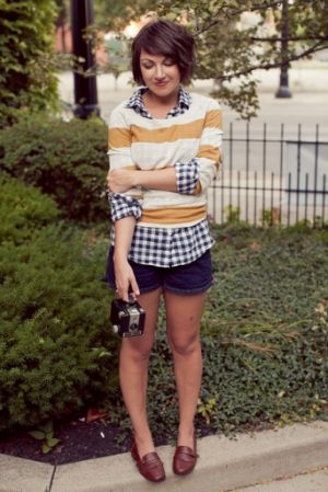 girl wearing stripes carrying vintage camera - Fun and fabulous with stripes polka dots and pom poms - myLusciousL.jpg